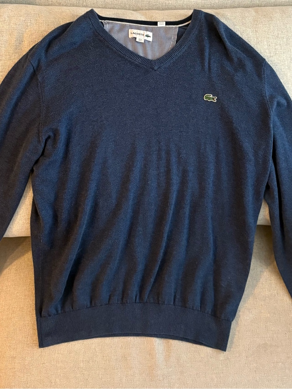 Lacoste Men's Dark Navy V-Neck Sweater with Green Crocodile Logo